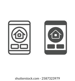 Smartphone with house slide line and solid icon, housing market concept. Vector graphics. Phone screen with cottage building sign on white background, outline style icon for mobile or web design