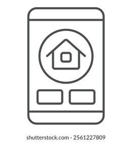 Smartphone with house slide thin line icon, housing market concept. Vector graphics. Phone screen with cottage building sign on white background, outline style icon for mobile or web design