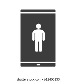 Smartphone with human figure glyph icon. Silhouette symbol. Smart phone with man. Negative space. Vector isolated illustration