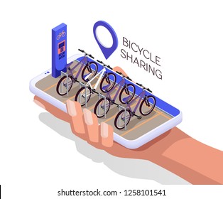 Smartphone in human hand. Isometric flat design template. Bicycle sharing system with use smartphone for rent. Smart service for rent bicycles in the city. Mobile app