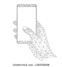 Smartphone in a human hand, mobile phone communication tool, device data transmission from abstract futuristic polygonal black lines and dots. Vector illustration.