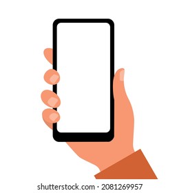 A smartphone in a human hand. A mobile phone with an empty screen is held by a human hand