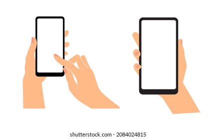 A smartphone in a human hand. A mobile phone with an empty screen is held by a human hand