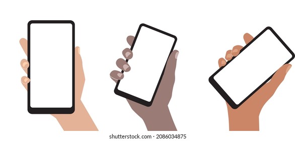 A smartphone in a human hand. A mobile phone with an empty screen is held by a human hand