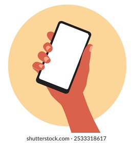 A smartphone in a human hand. A mobile phone with an empty screen is held by a human hand