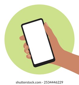 A smartphone in a human hand. A mobile phone with an empty screen is held by a human hand