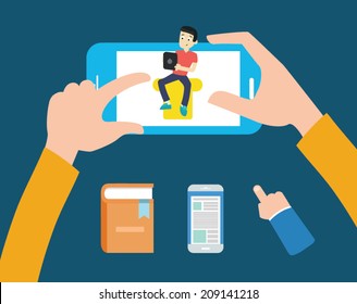 Smartphone in human hands, flat style, Book, hand, phone icon flat