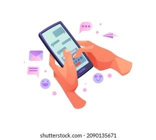 Smartphone In Human Hands Social Media Application. Vector Person Holding Phone With Mobile App With Social Media Communication Chat, Messages And Smiles, Letters And Hearts Signs. Digital Device
