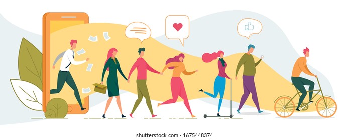 Smartphone in Human Life Flat Vector Illustration. Gadgets Influencing People Metaphor. Finding Love Relations in Social Media, Sharing News and Liking Posts Idea. Cellphone Users Concept