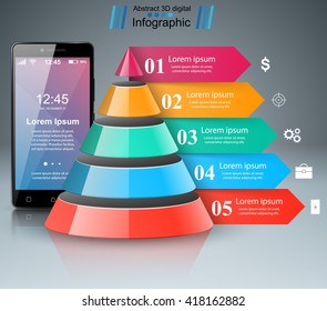 Smartphone icon. 3d infographic design template and marketing icons. Cone 3d icon.
