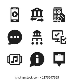 smartphone icon. 9 smartphone vector icons set. music player, banking and hotel location icons for web and design about smartphone theme