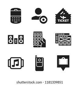 smartphone icon. 9 smartphone vector icons set. cellphone, hotel location and music player icons for web and design about smartphone theme