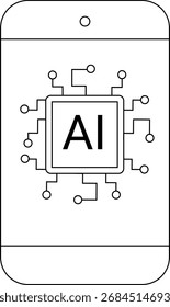 ícone de smartphone e ícone de processador de inteligência artificial com fundo branco.com linhas pretas