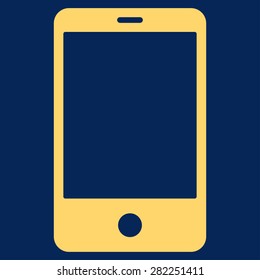 Smartphone icon from Basic Plain Icon Set. Style: flat vector image, yellow color, rounded angles, blue background.