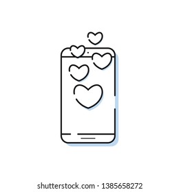 Smartphone icon with black flying hearts in simple line style. Outline cell phone vector for app and web design. Valentines day romantic greeting.