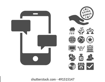 Smartphone icon with bonus design elements. Vector illustration style is flat iconic symbols, gray color, white background.