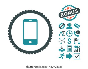 Smartphone icon with bonus images. Vector illustration style is flat iconic bicolor symbols, soft blue colors, white background.