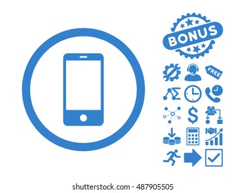 Smartphone icon with bonus pictogram. Vector illustration style is flat iconic symbols, cobalt color, white background.