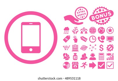 Smartphone icon with bonus pictogram. Vector illustration style is flat iconic symbols, pink color, white background.
