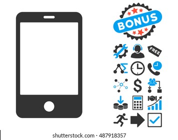 Smartphone icon with bonus pictograph collection. Vector illustration style is flat iconic bicolor symbols, blue and gray colors, white background.