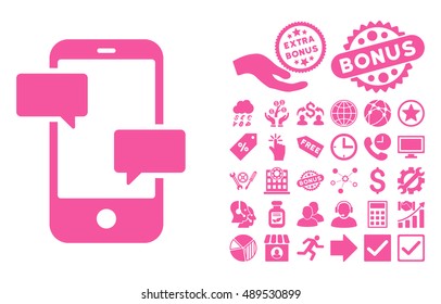 Smartphone icon with bonus pictures. Vector illustration style is flat iconic symbols, pink color, white background.