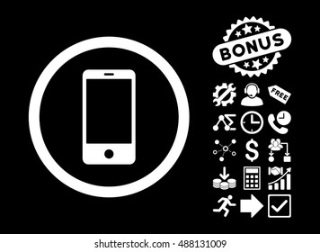 Smartphone icon with bonus icon set. Vector illustration style is flat iconic symbols, white color, black background.