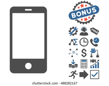 Smartphone icon with bonus icon set. Vector illustration style is flat iconic bicolor symbols, cobalt and gray colors, white background.