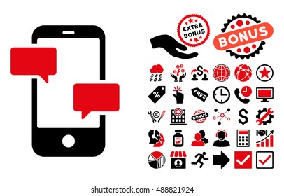 Smartphone icon with bonus icon set. Vector illustration style is flat iconic bicolor symbols, intensive red and black colors, white background.