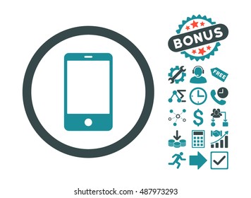 Smartphone icon with bonus symbols. Vector illustration style is flat iconic bicolor symbols, soft blue colors, white background.