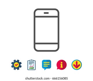 Smartphone icon. Cellphone or Phone sign. Ð¡ommunication Mobile device symbol. Report, Service and Information line signs. Download, Speech bubble icons. Editable stroke. Vector