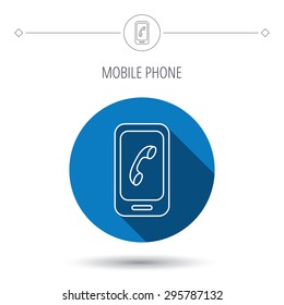 Smartphone icon. Cellphone with touchscreen sign. Blue flat circle button. Linear icon with shadow. Vector