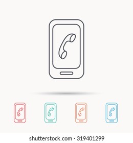 Smartphone icon. Cellphone with touchscreen sign. Linear icons on white background. Vector