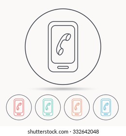 Smartphone icon. Cellphone with touchscreen sign. Linear circle icons.