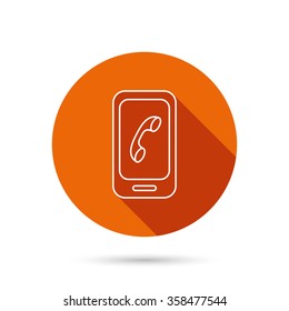 Smartphone icon. Cellphone with touchscreen sign. Round orange web button with shadow.