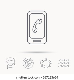 Smartphone icon. Cellphone with touchscreen sign. Global connect network, ocean wave and chat dialog icons. Teamwork symbol.