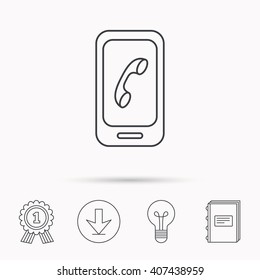 Smartphone icon. Cellphone with touchscreen sign. Download arrow, lamp, learn book and award medal icons.