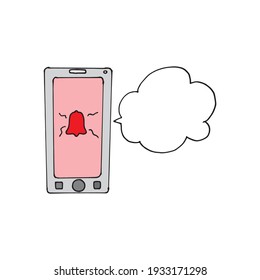 handgezeichnetes Handy mit Sprachblase auf weißem Hintergrund. 