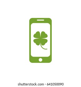  Smartphone icon with clover leaf.  Flat vector illustration isolated on white. Green color