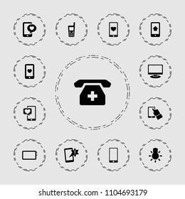 Smartphone icon. collection of 13 smartphone filled icons such as heart mobile, phone with heart, old phone, camera bulb. editable smartphone icons for web and mobile.