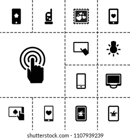Smartphone icon. collection of 13 smartphone filled icons such as baby monitor phone, poker on phone, finger on tablet. editable smartphone icons for web and mobile.