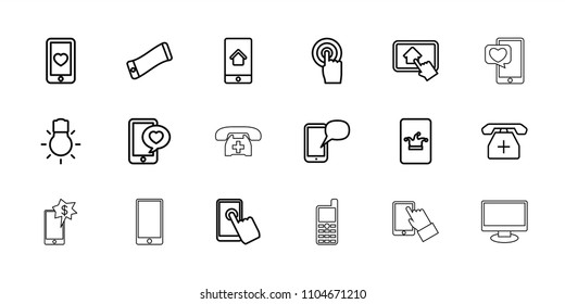 Smartphone icon. collection of 18 smartphone outline icons such as poker on phone, wavy phone, heart mobile, touchscreen. editable smartphone icons for web and mobile.
