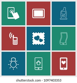Smartphone icon. collection of 9 smartphone filled and outline icons such as photo with heart, tablet, phone, touchscreen. editable smartphone icons for web and mobile.