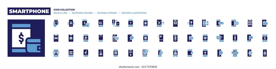 Smartphone icon collection. Bold style. Duotone colors. visitor, wallet, online transfer, smartphone, phone, mobile app, music app, mobile chat, mobile.