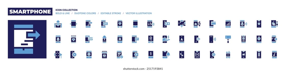 Icono de teléfono inteligente colección. Estilo audaz. Duotone colores. smartphone, móvil, lista de deseos, teléfono, pago móvil, compras en línea, huella digital, ayuda.