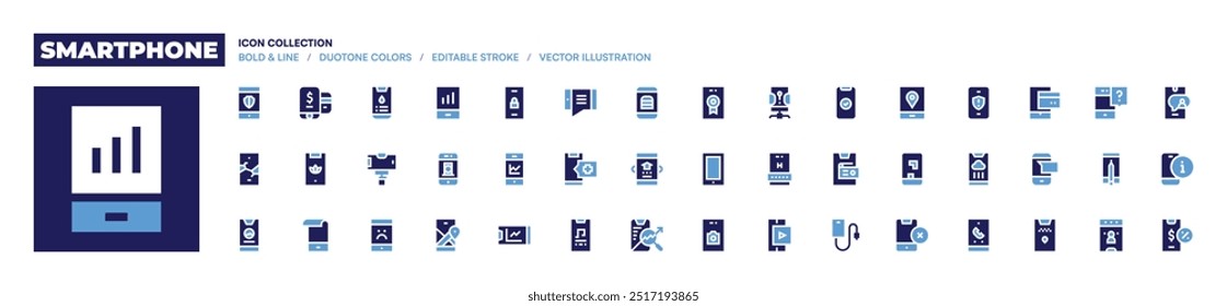 Smartphone icon collection. Bold style. Duotone colors. smartphone, mobile, mobile app, app, marketing, camera, phone, mobile banking, map.