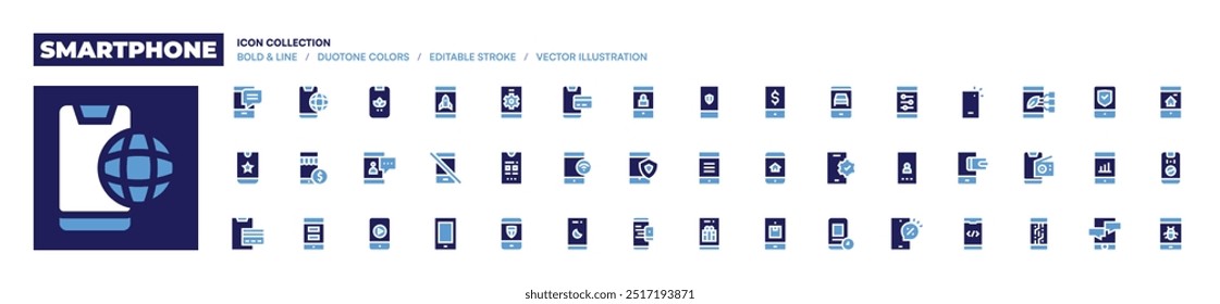 Smartphone icon collection. Bold style. Duotone colors. smartphone, mobile phone, mobile, mobile payment, coding, app, store.