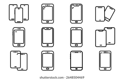 Smartphone icon collection design showing minimalist outlines in multiple different arrangements