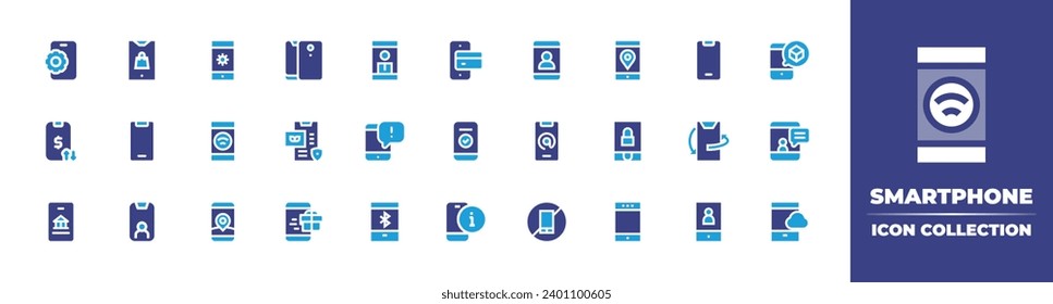 Smartphone icon collection. Duotone color. Vector and transparent illustration. Containing settings, payment, mobile banking, booking, online banking, smartphone, mobile app, mobile, mobile shopping.