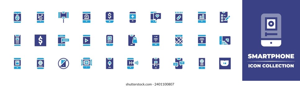 Smartphone icon collection. Duotone color. Vector and transparent illustration. Containing smartphone, mobile, mobile phone, game, mobile application, shopping, no phone, chat, gps.
