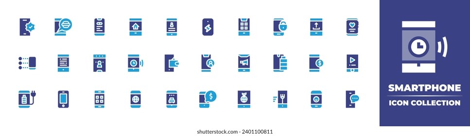 Smartphone icon collection. Duotone color. Vector and transparent illustration. Containing smartphone, mobile app, cellphone, mobile banking, mobile phone, app, padlock, voting, battery, order food. 